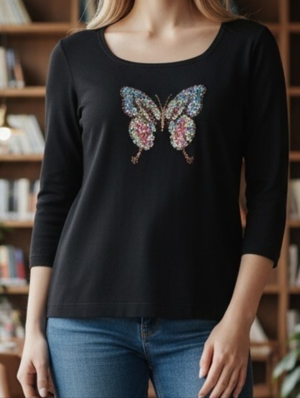 Sequins & Black Long-Sleeve Women’s Tee with Multicolor Butterfly 3087